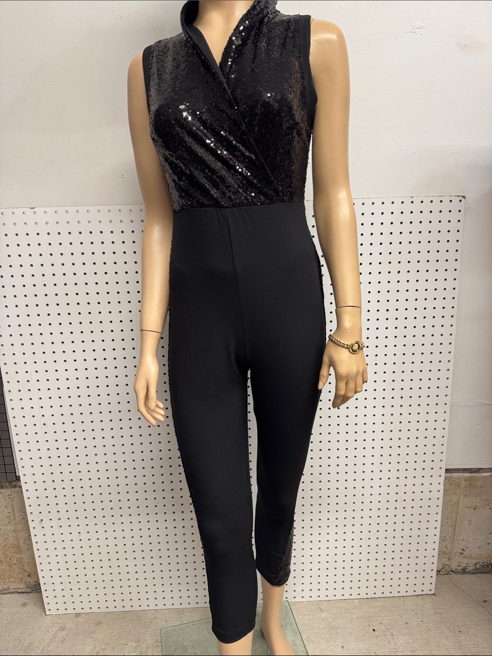 Black Sequin Wrap Halter Jumpsuit